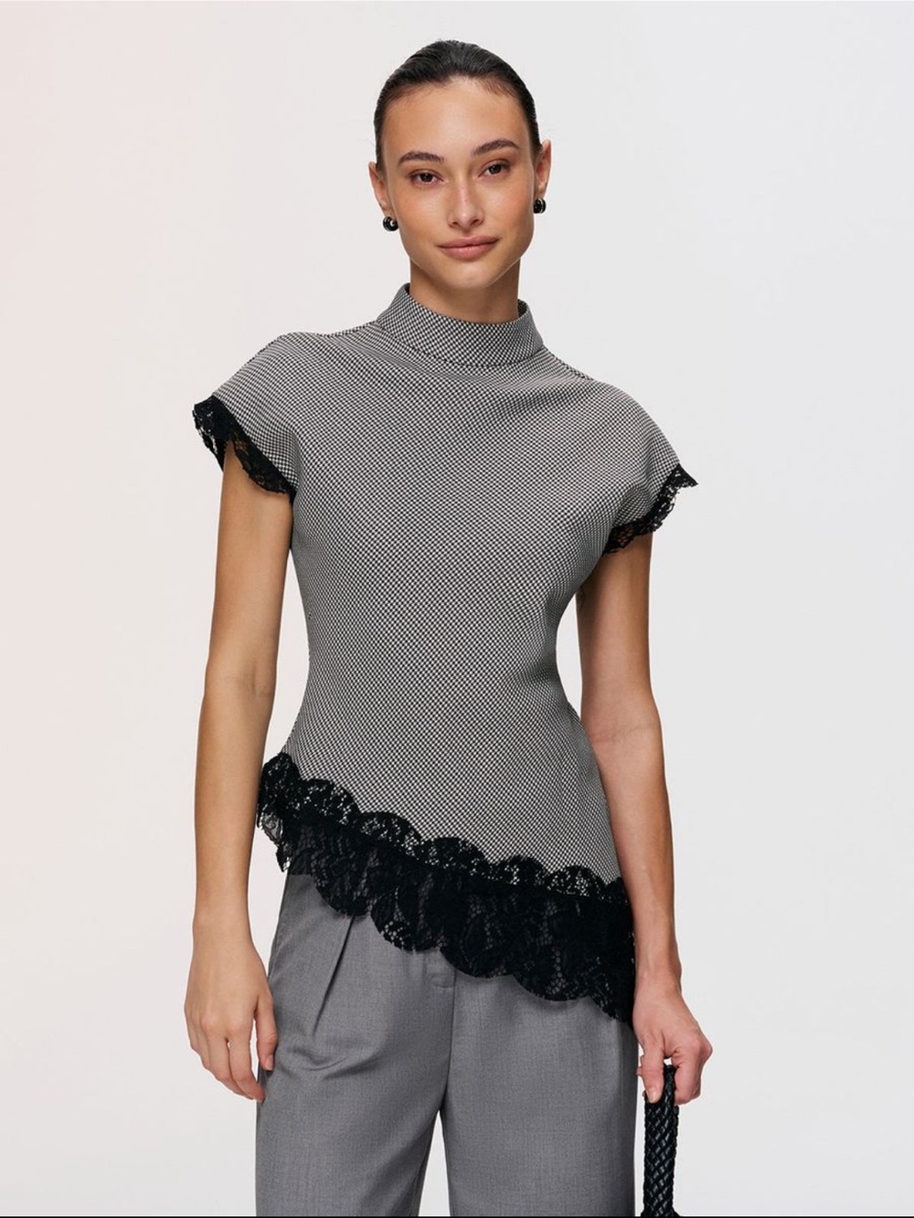 Commense Gray Mock Neck Short-Sleeve Top with Black Lace Trim